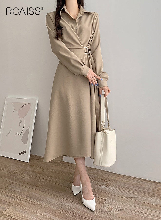 رويس فستان ميدي ملفوف بخصر عالٍ للنساء، فستان أنيق بأكمام طويلة وياقة قميص مع حزام، فستان معطف بسيط بتصميم A-Line يبرز جمال القوام مع تصميم يحدد الخصر، زي أنيق مناسب للخريف للعمل والمواعيد الرسمية، لون بيج سادة - Image 3